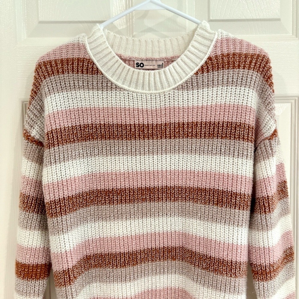 SO Long Sleeve Crew Neck Comfy Brown &Striped Sweaters Set Juniors Women Sz S-M - Picture 5 of 17